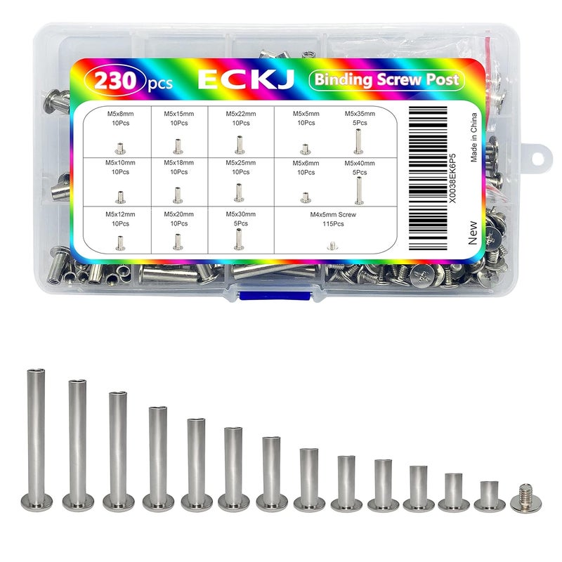 ECKJ 230Pcs(115 Pair) Phillips Chicago Binding Screws Assorted Kit Binding Screw Post Extenders for DIY Leather Decoration Scrapbook Photo Albums M5 x 5/6/8/10/12/15/18/20/22/25/30/35/40mm Silver - Image 2